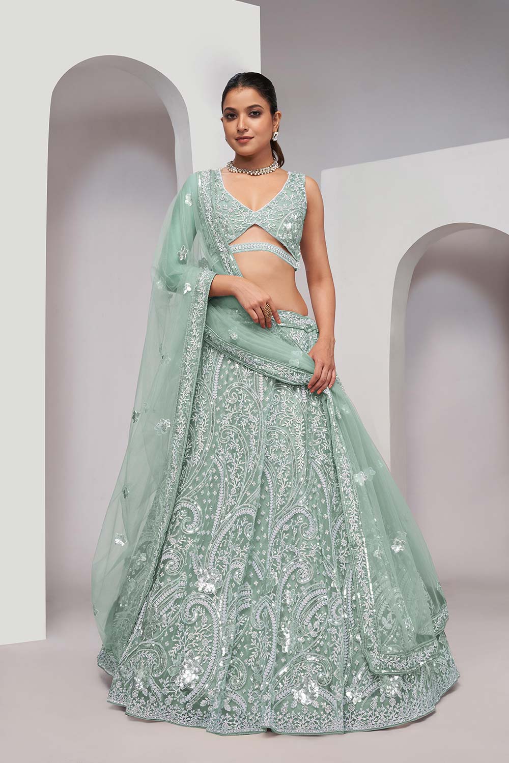 Sky Blue Soft Net Embroidered Lehenga Set