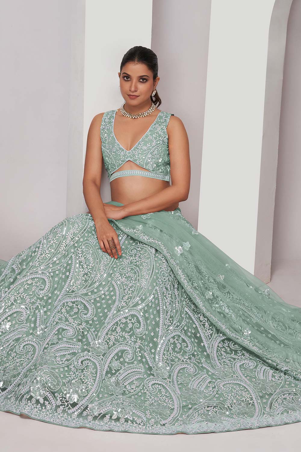 Sky Blue Soft Net Embroidered Lehenga Set