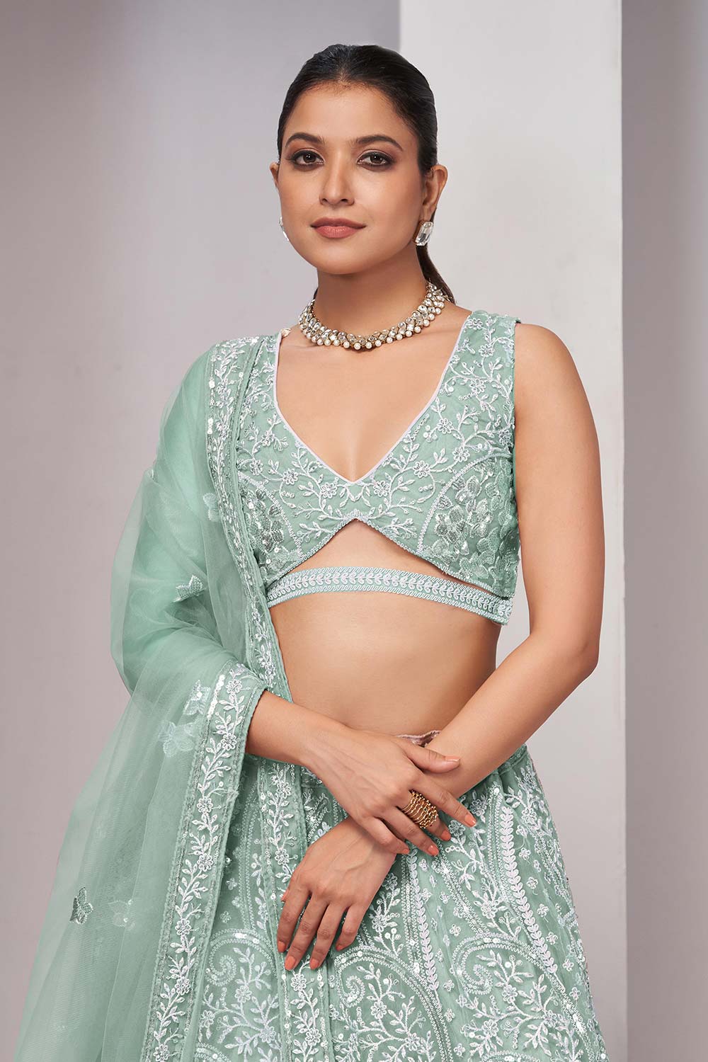 Sky Blue Soft Net Embroidered Lehenga Set