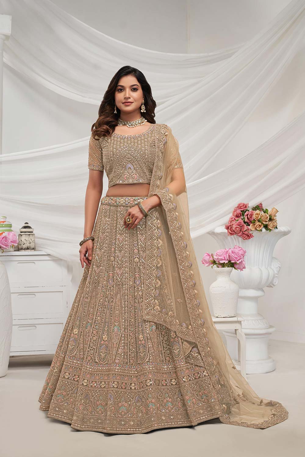 Golden Soft Net Embroidered Lehenga Set