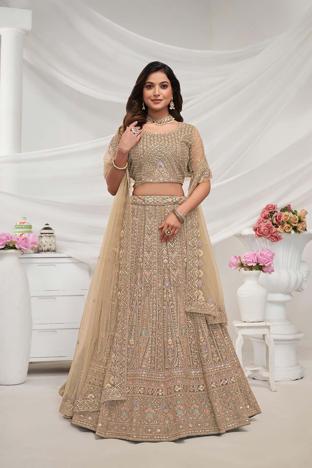 Golden Soft Net Embroidered Lehenga Set