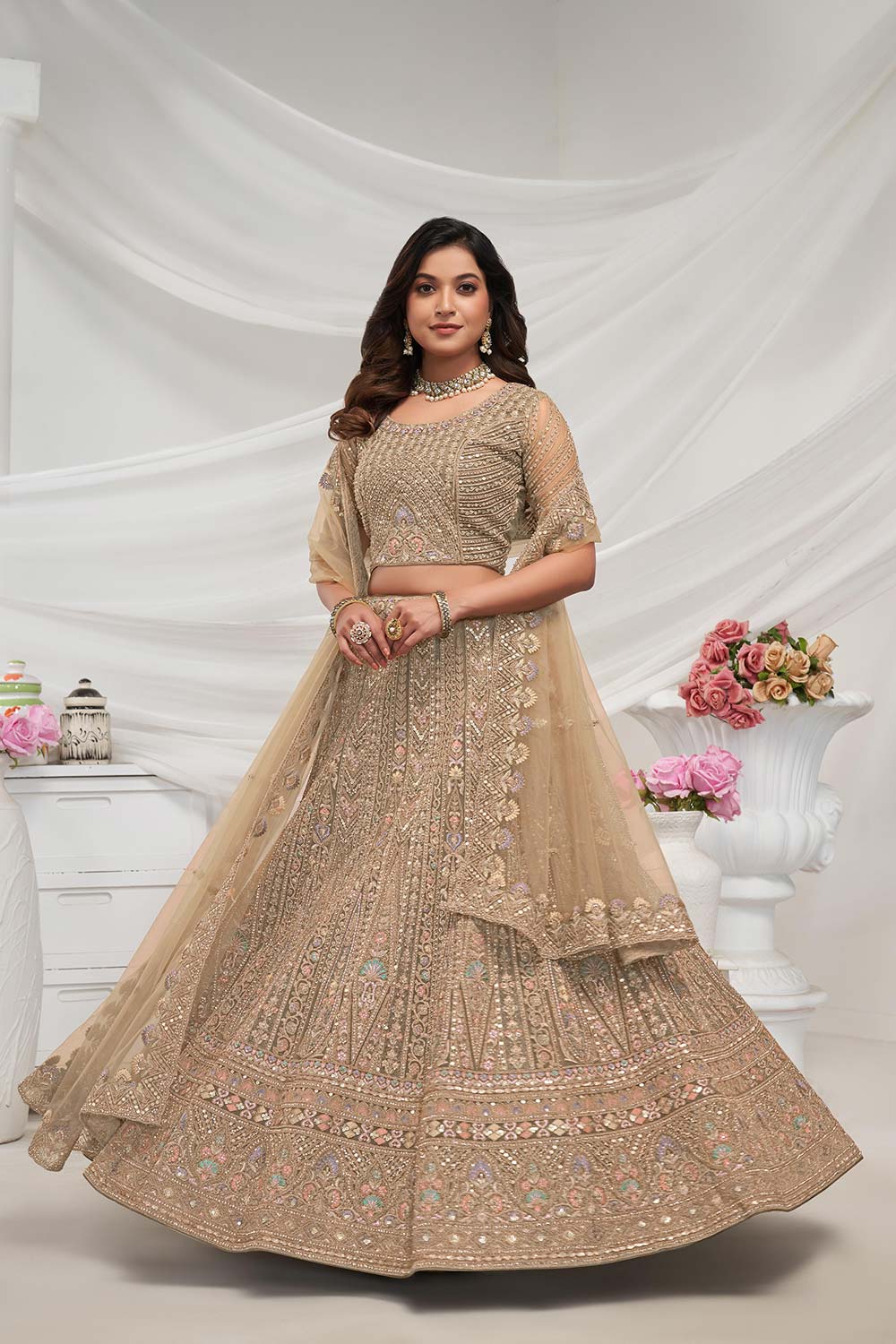 Golden Soft Net Embroidered Lehenga Set