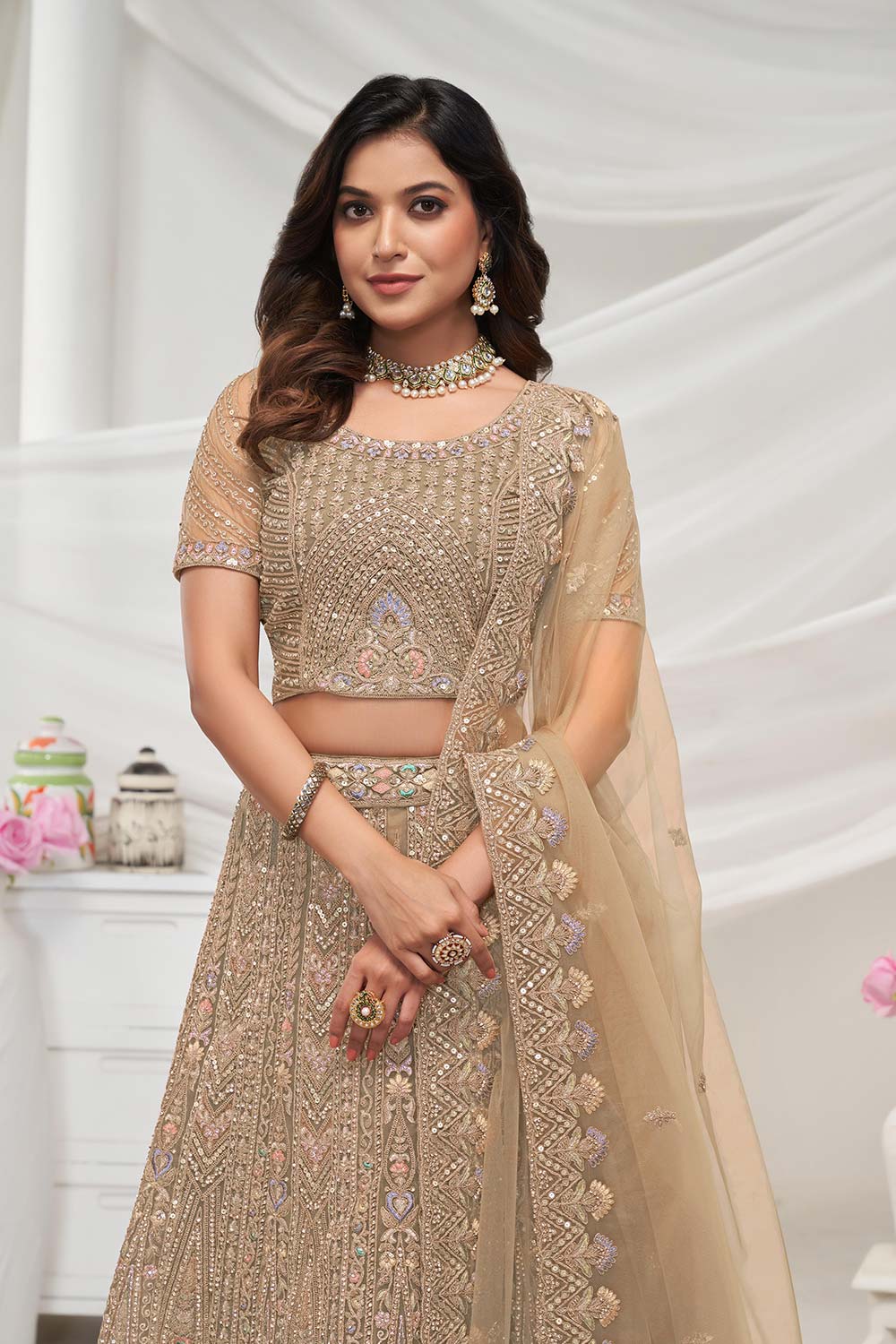 Golden Soft Net Embroidered Lehenga Set