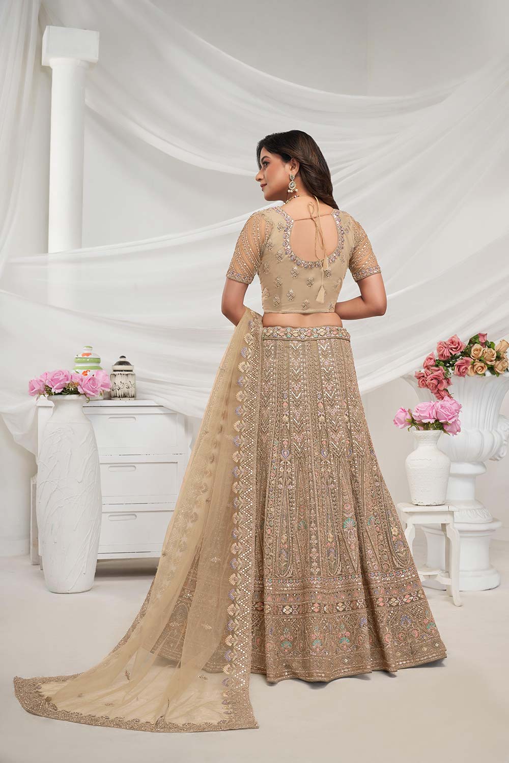 Golden Soft Net Embroidered Lehenga Set