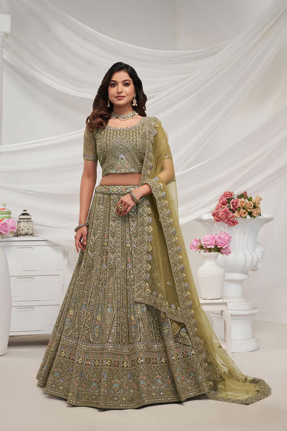 Green Soft Net Embroidered Lehenga Set