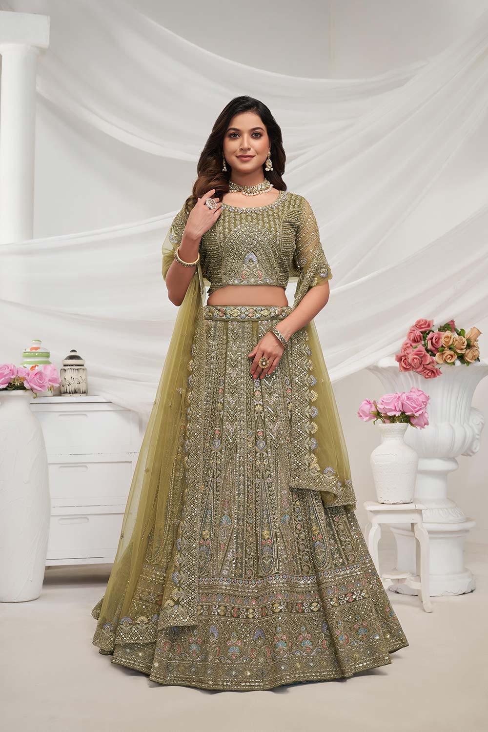 Green Soft Net Embroidered Lehenga Set