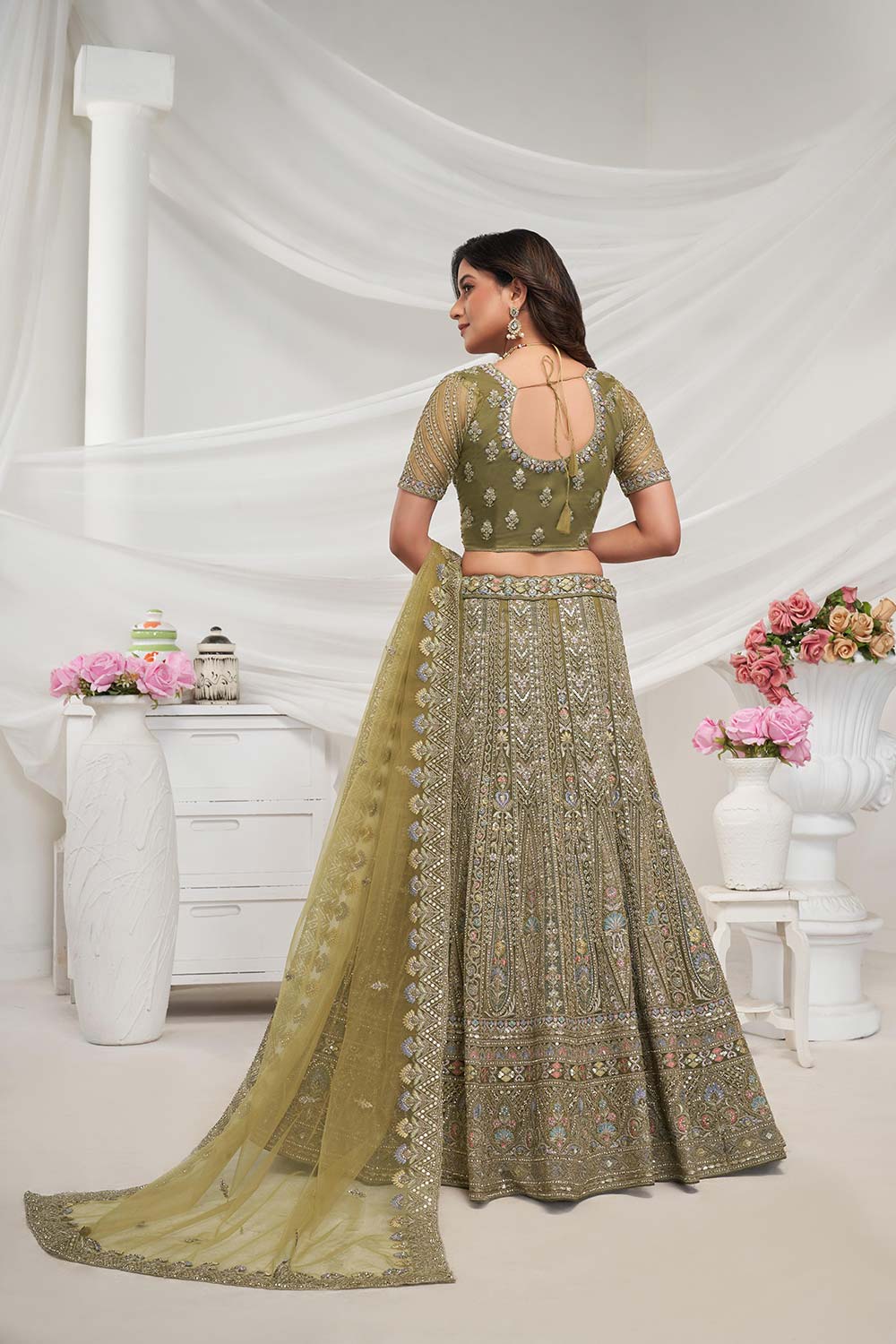 Green Soft Net Embroidered Lehenga Set