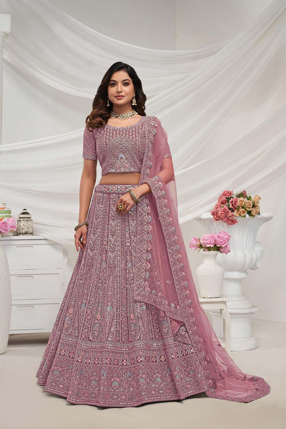 Mauve Soft Net Embroidered Lehenga Set