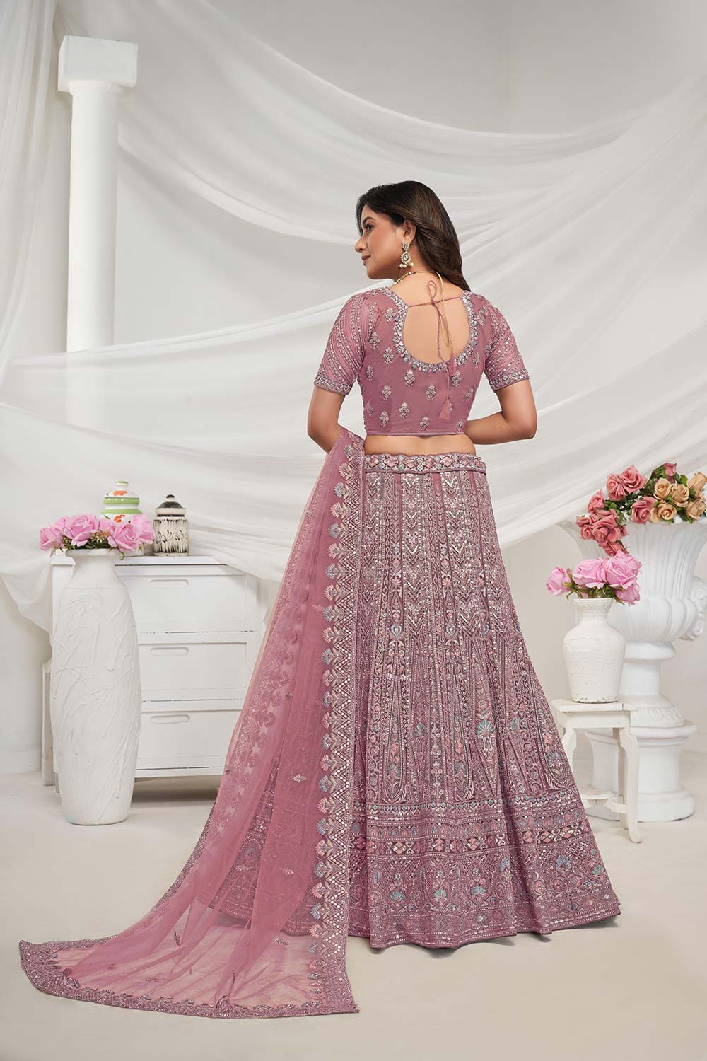 Mauve Soft Net Embroidered Lehenga Set