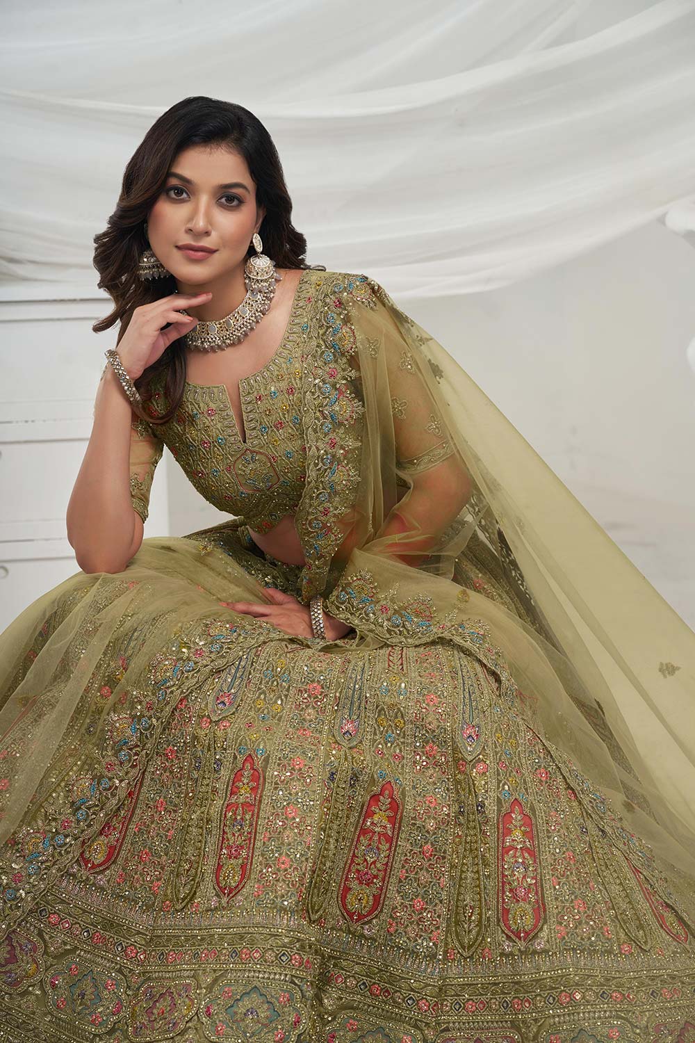 Green Soft Net Embroidered Lehenga Set