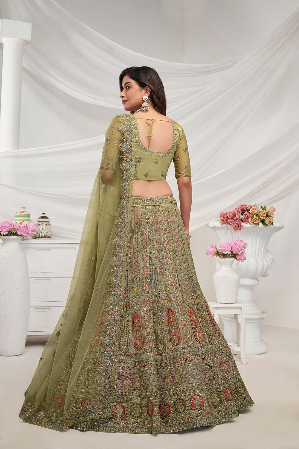 Green Soft Net Embroidered Lehenga Set