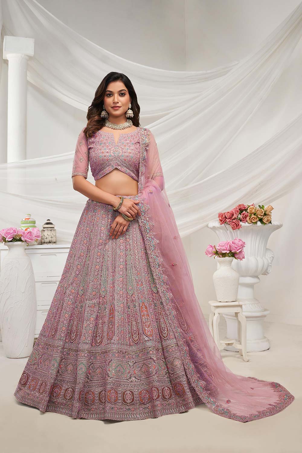 Mauve Soft Net Embroidered Lehenga Set