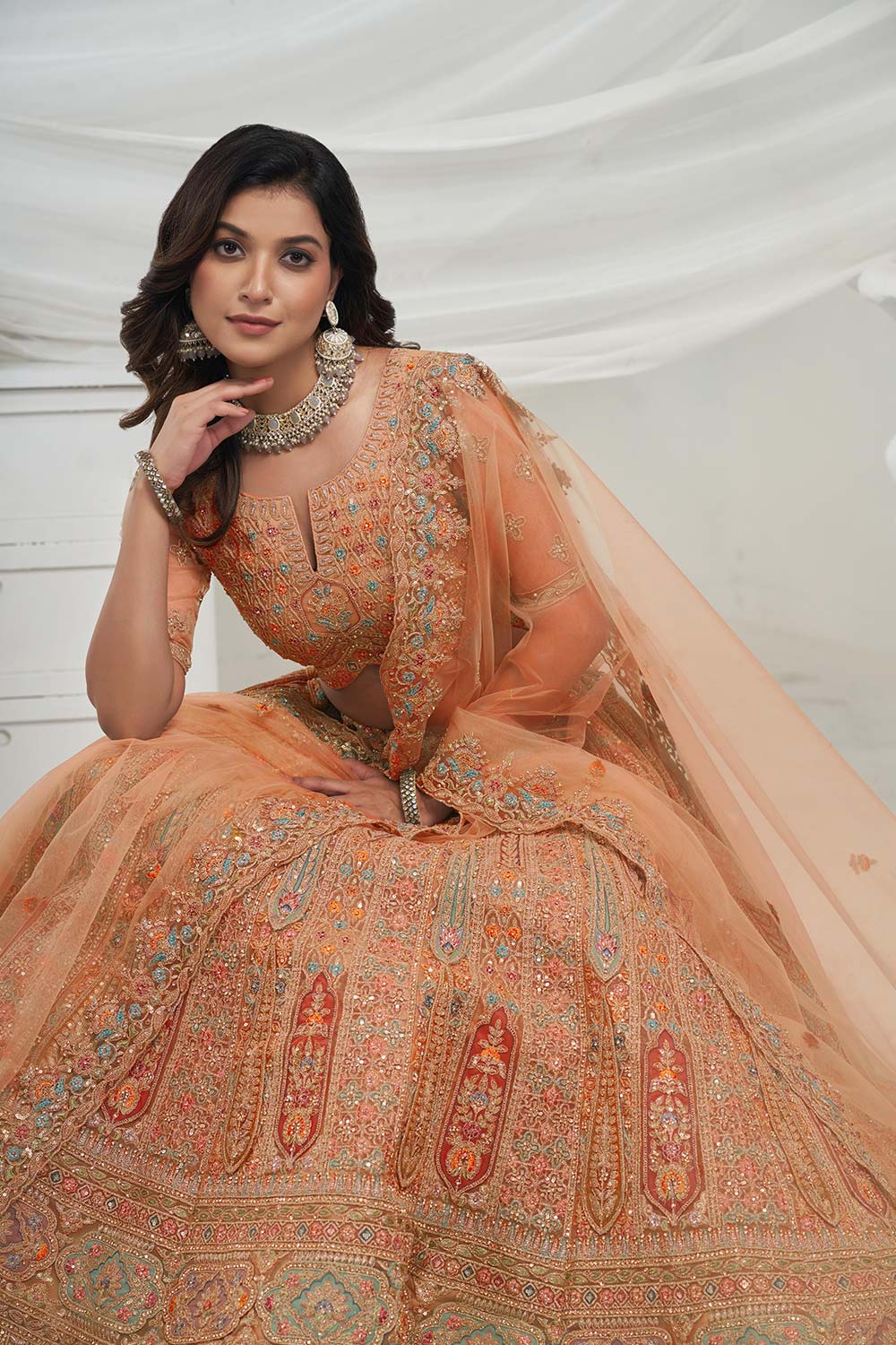 Musturd Soft Net Embroidered Lehenga Set