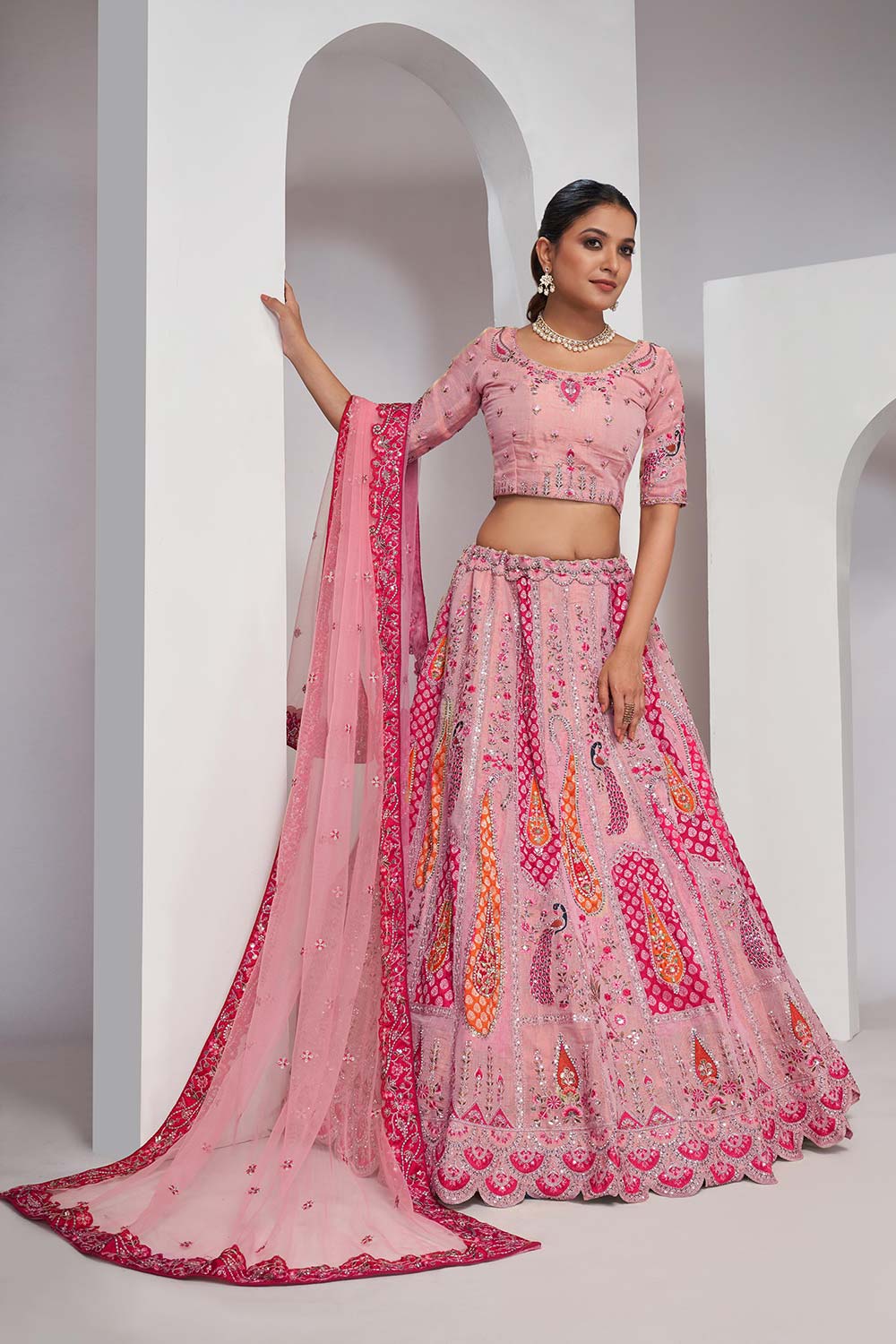 Pink Orgenza silk  Embroidered Lehenga Set