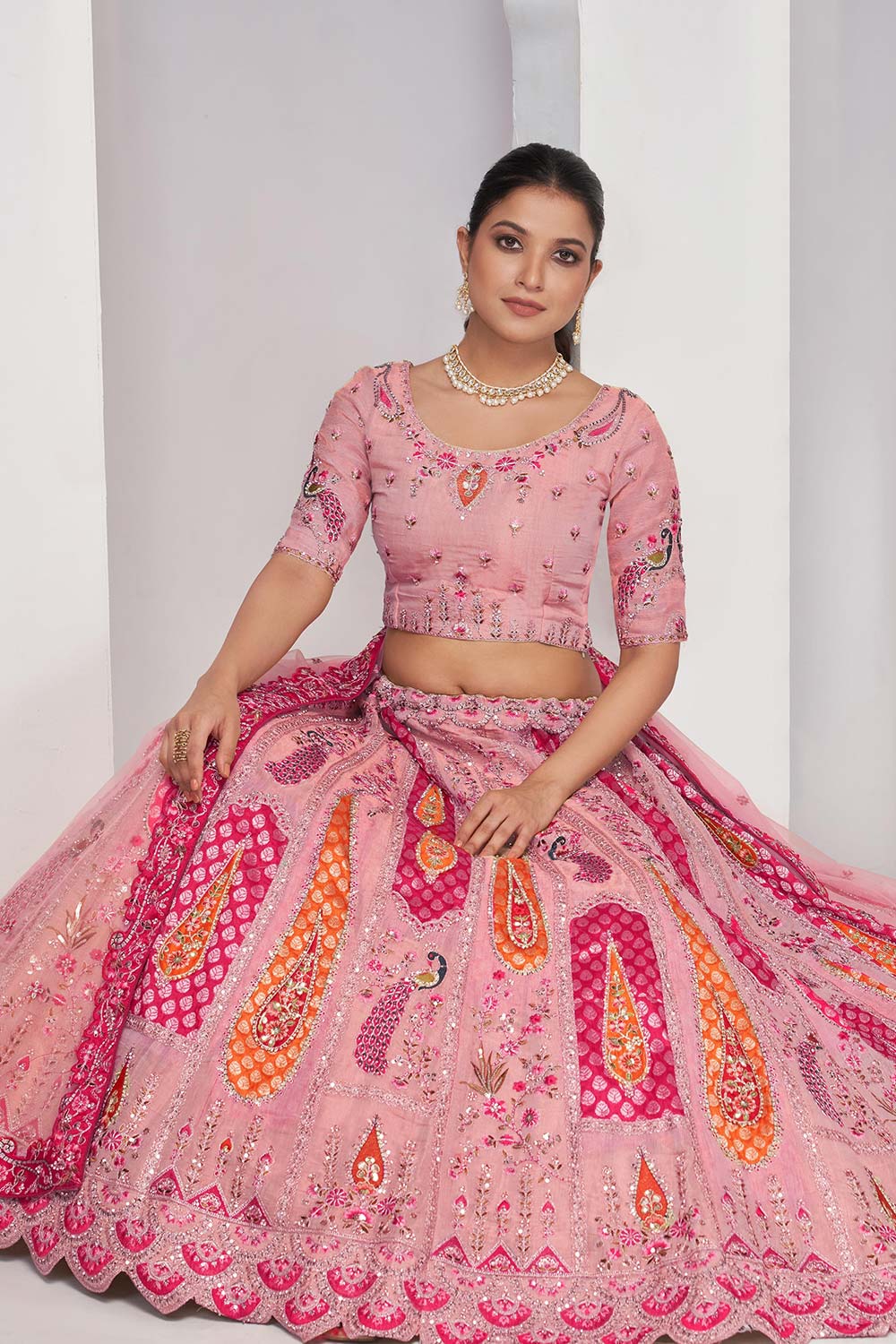 Pink Orgenza silk  Embroidered Lehenga Set