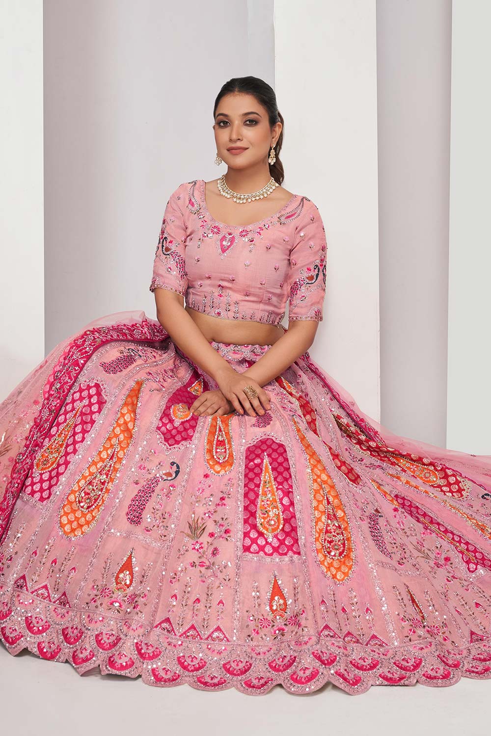 Pink Orgenza silk  Embroidered Lehenga Set