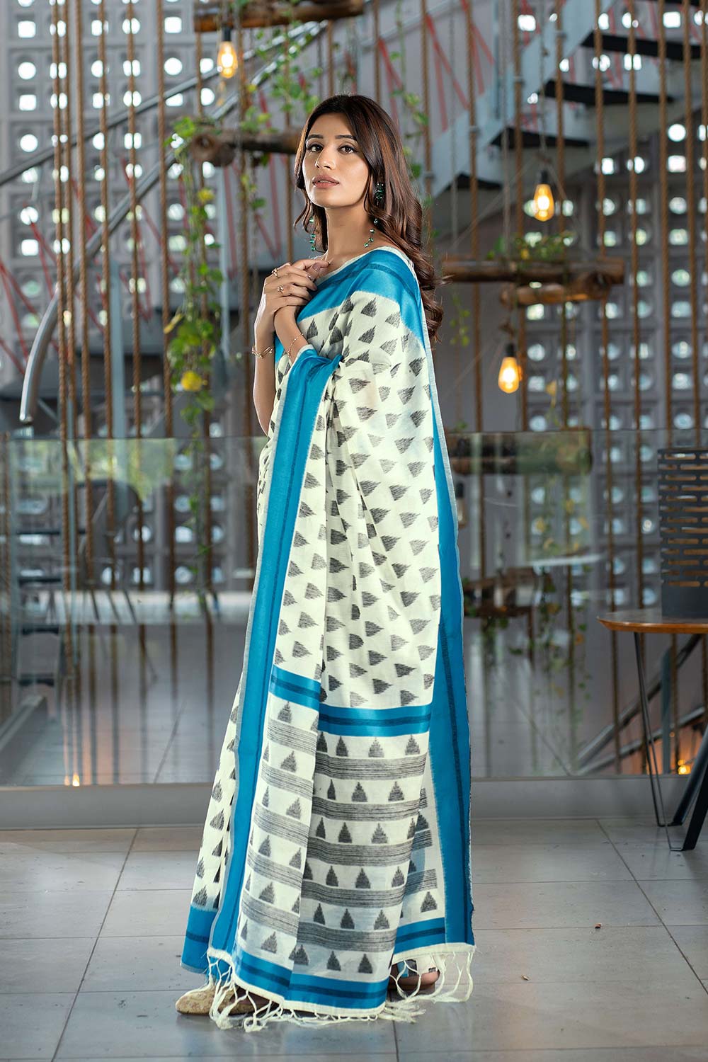 Blue Handloom Block Pattern Cotton Saree