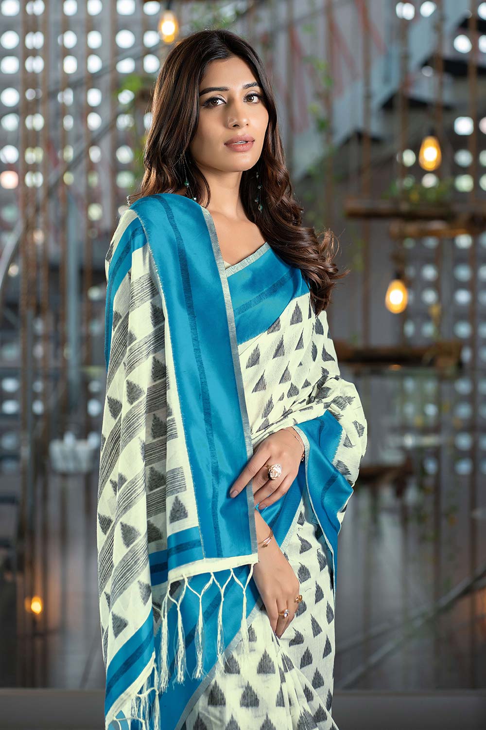 Blue Handloom Block Pattern Cotton Saree