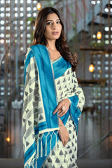 Blue Handloom Block Pattern Cotton Saree