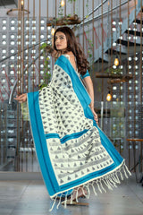 Blue Handloom Block Pattern Cotton Saree