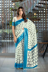 Blue Handloom Block Pattern Cotton Saree