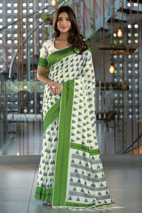 Green Handloom Block Pattern Cotton Saree