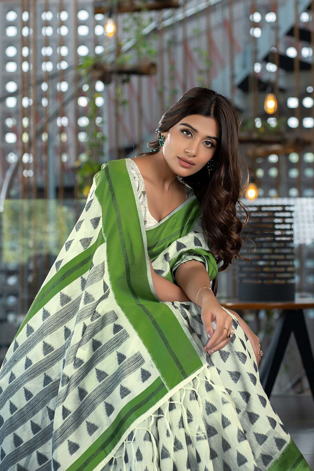 Green Handloom Block Pattern Cotton Saree