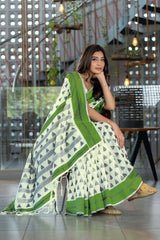 Green Handloom Block Pattern Cotton Saree