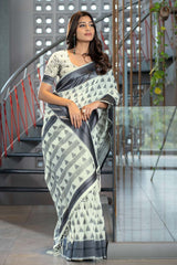 Grey Handloom Block Pattern Cotton Saree