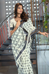 Grey Handloom Block Pattern Cotton Saree