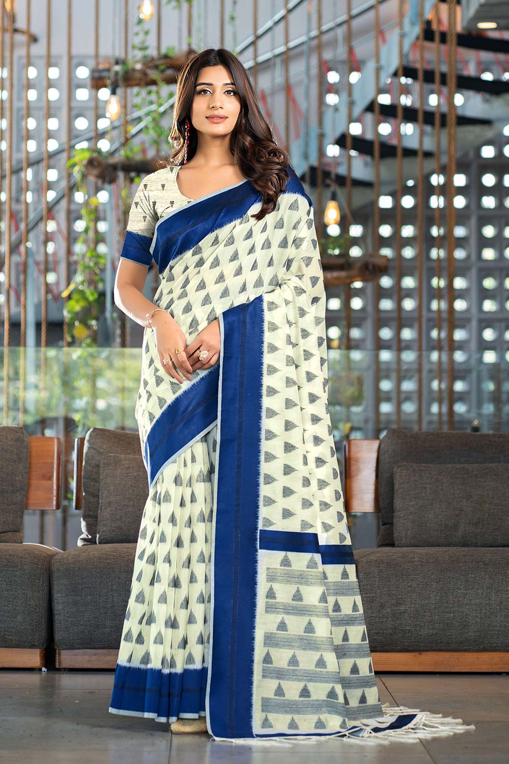 Navy Handloom Block Pattern Cotton Saree