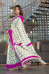 Pink Handloom Block Pattern Cotton Saree