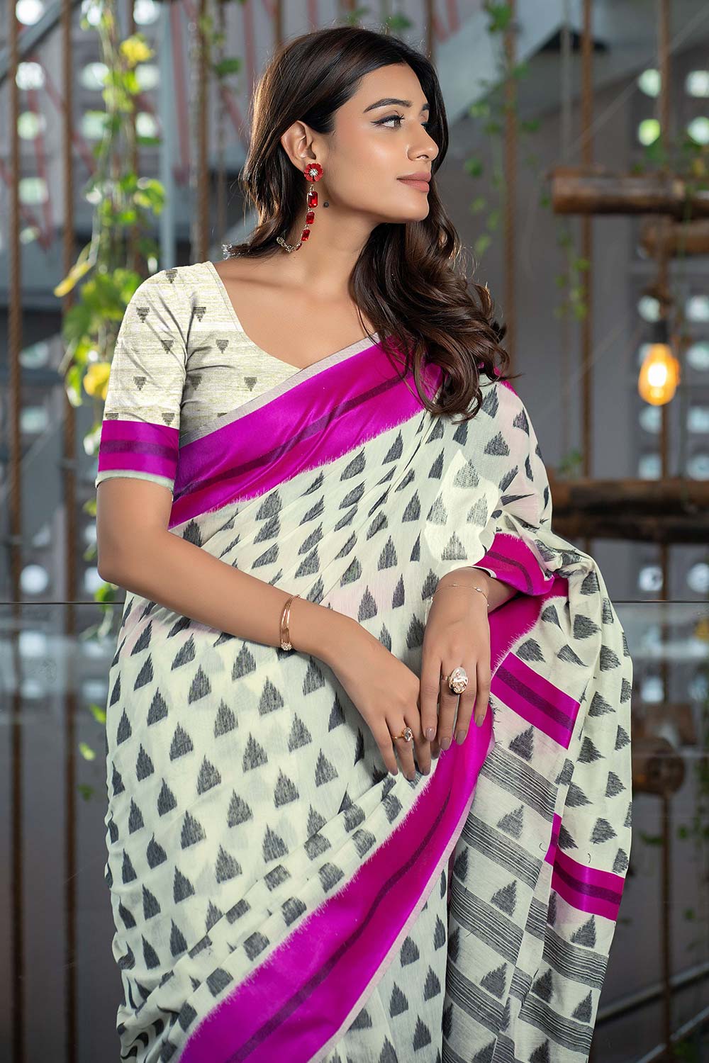 Pink Handloom Block Pattern Cotton Saree