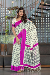 Pink Handloom Block Pattern Cotton Saree