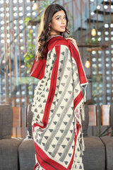 Red Handloom Block Pattern Cotton Saree