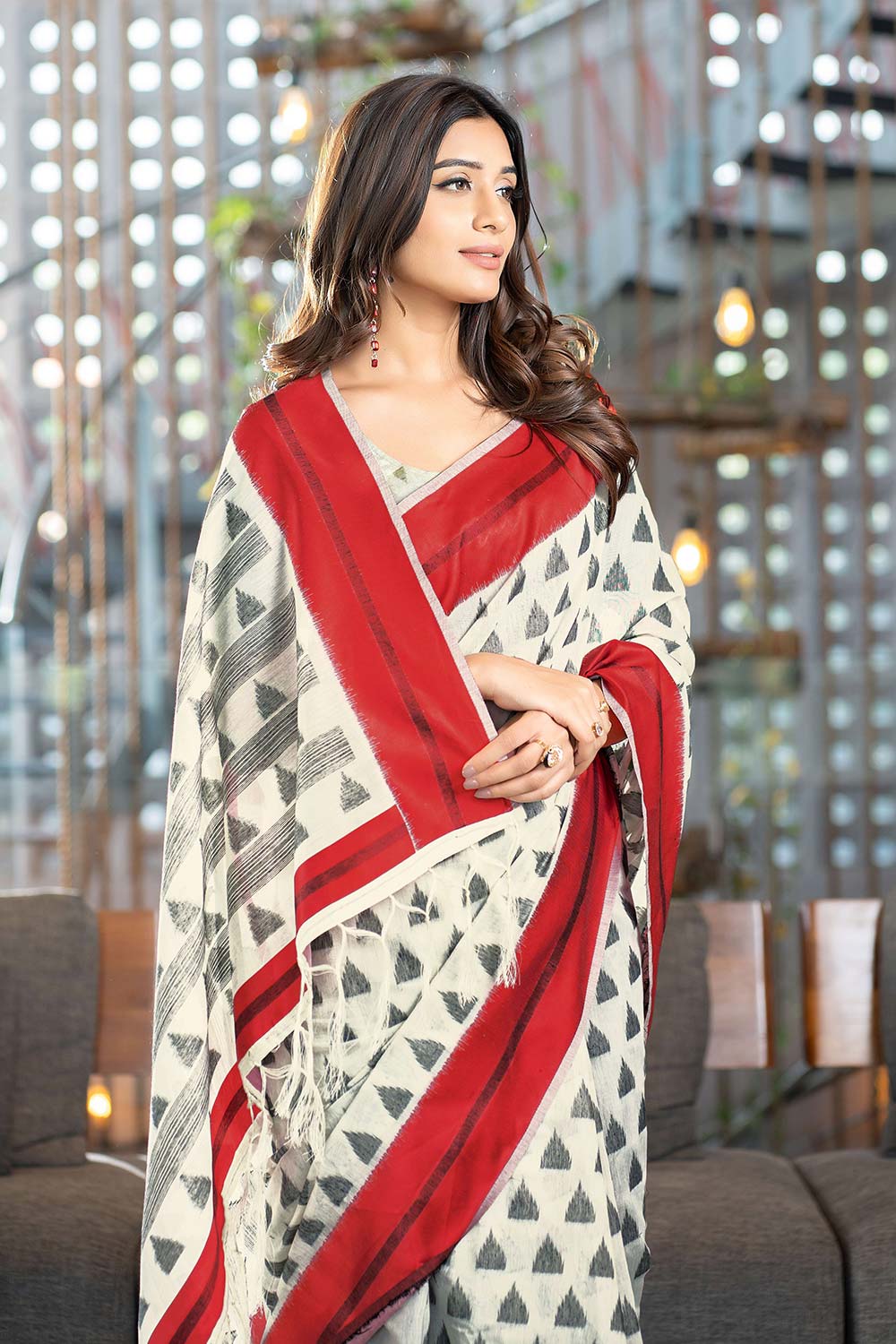 Red Handloom Block Pattern Cotton Saree