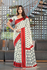 Red Handloom Block Pattern Cotton Saree