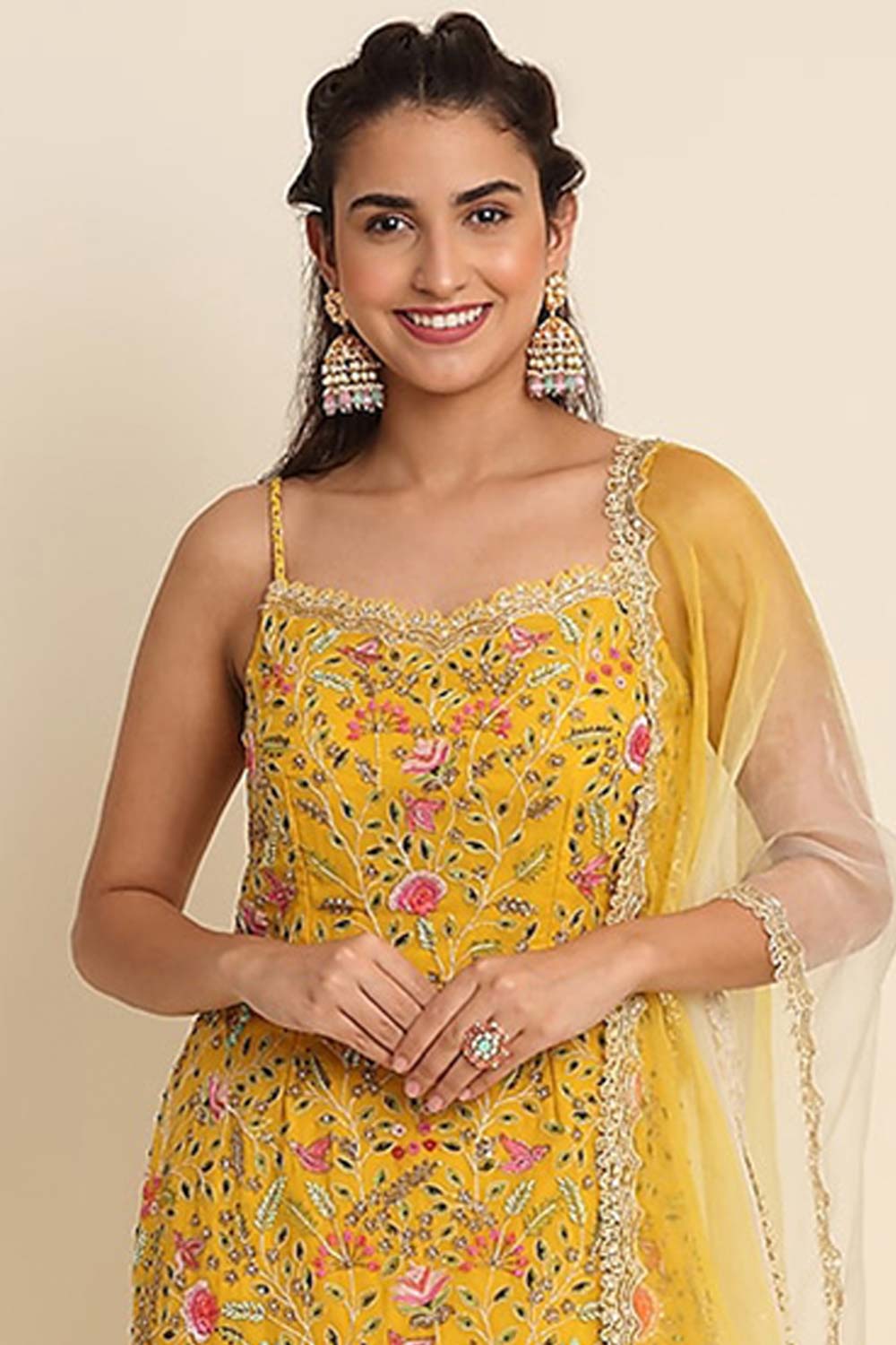 Yellow Georgette Embroidered Sharara Suit Set