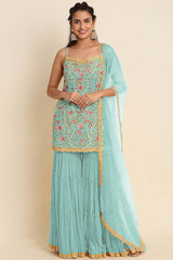 Blue Georgette Embroidered Sharara Suit Set