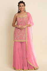 Pink Georgette Embroidered Sharara Suit Set