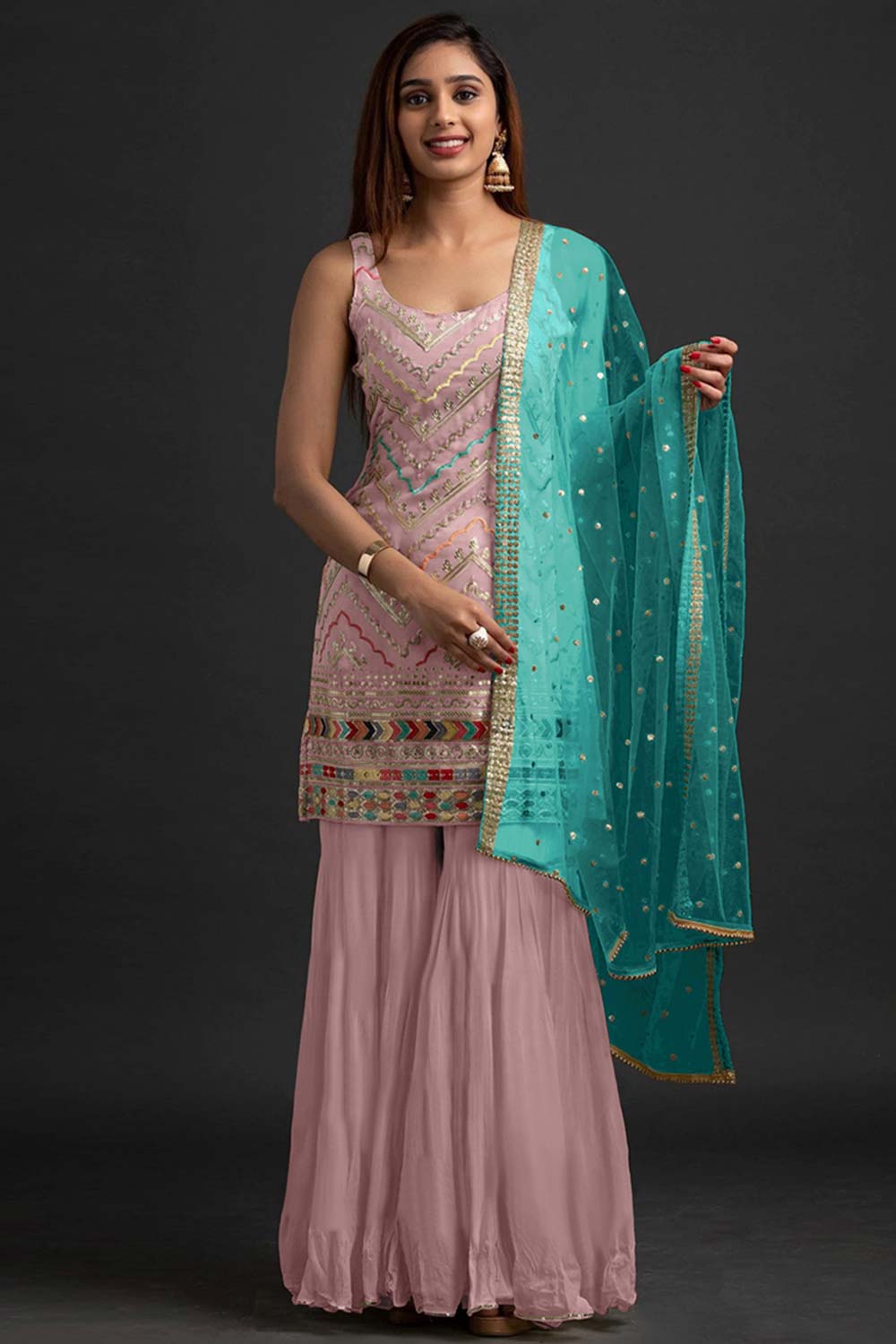 Pink Georgette Embroidered Sharara Suit Set