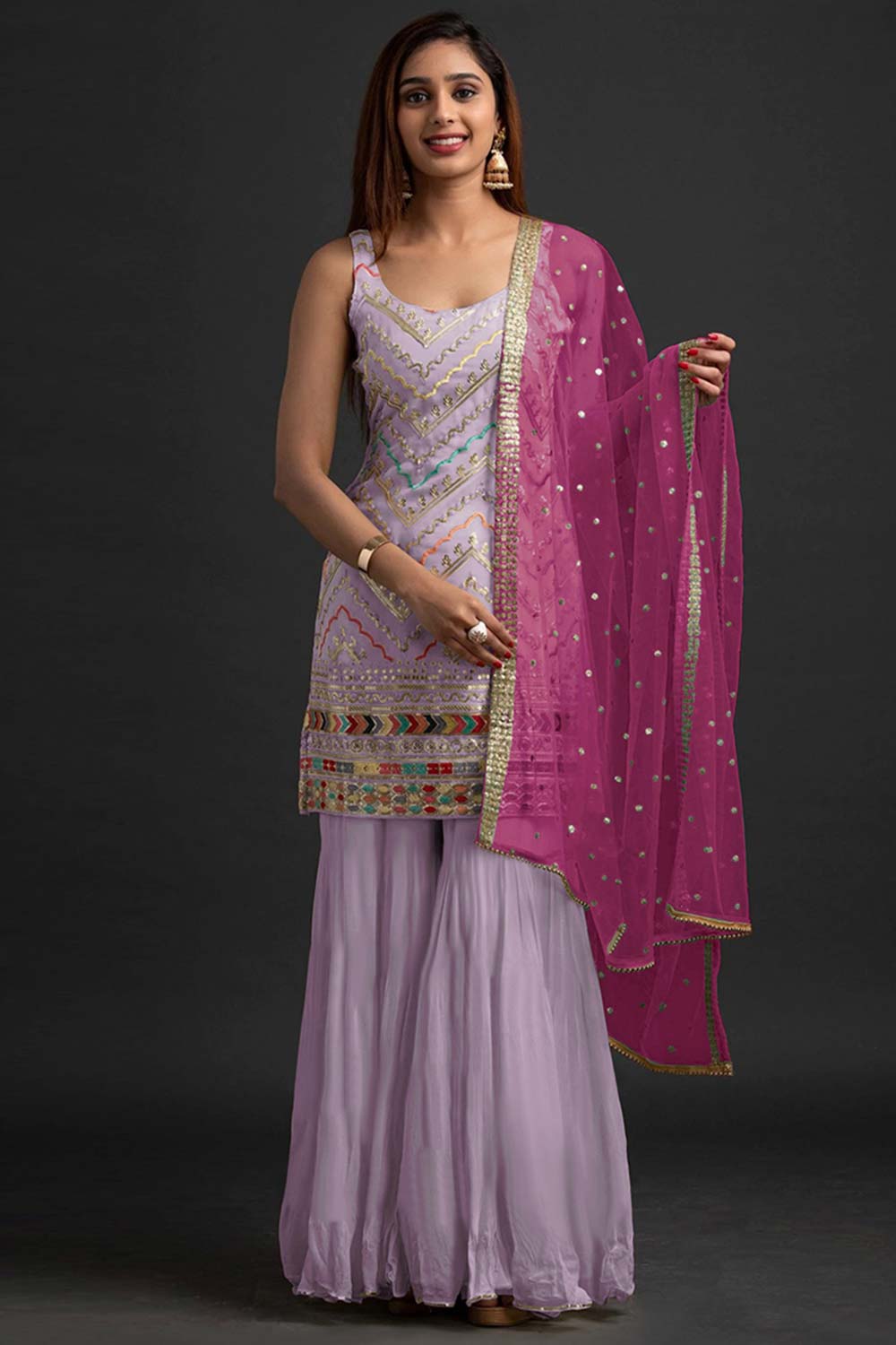 Purple Georgette Embroidered Sharara Suit Set