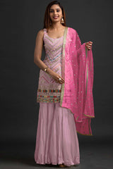 Pink Georgette Embroidered Sharara Suit Set