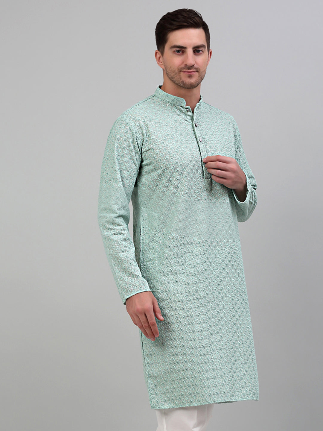 Men's Green Chikankari Embroidered And Sequence Kurta