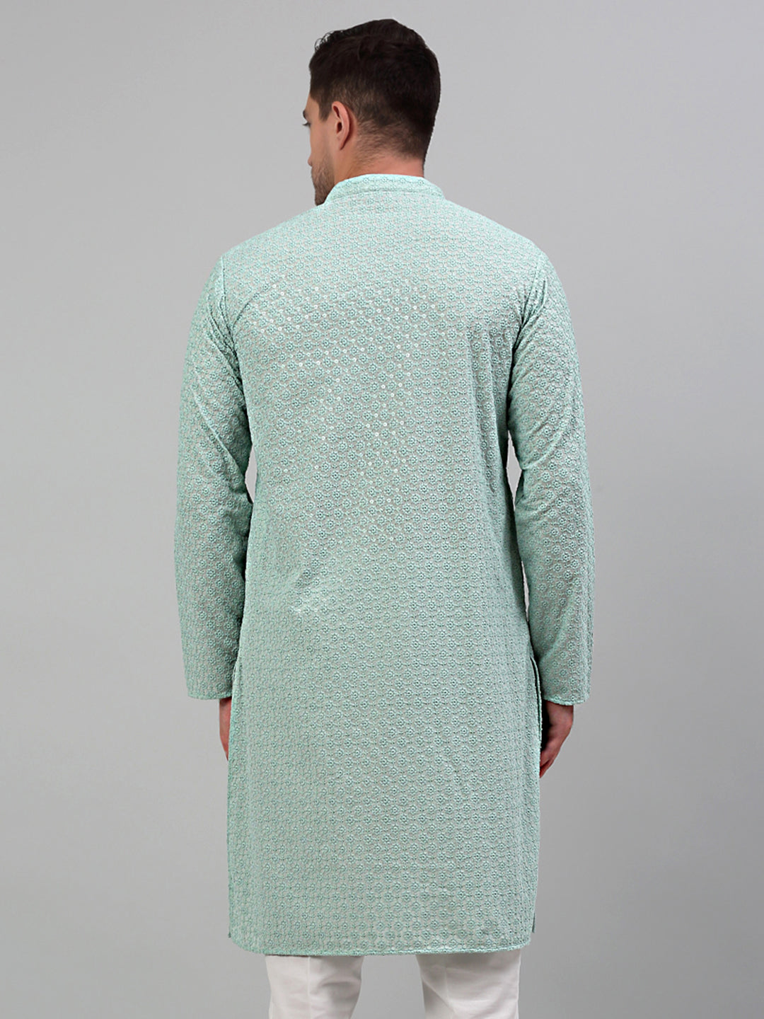 Men's Green Chikankari Embroidered And Sequence Kurta