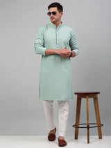 Men's Green Chikankari Embroidered And Sequence Kurta