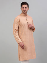 Men's Peach Chikankari Embroidered And Sequence Kurta