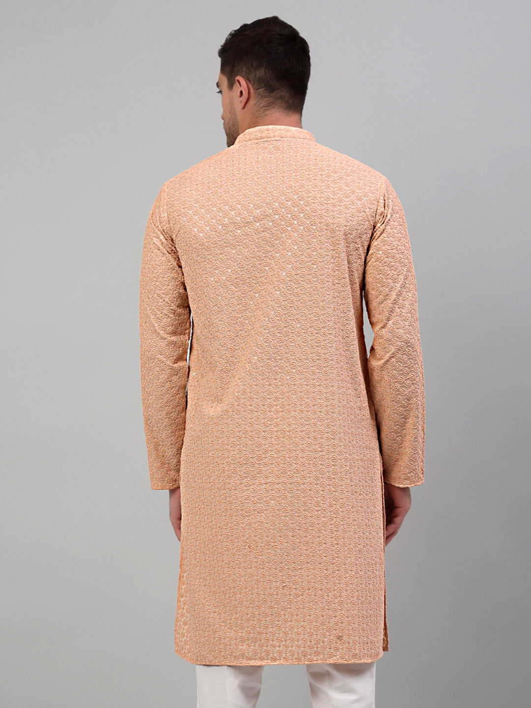 Men's Peach Chikankari Embroidered And Sequence Kurta