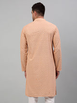 Men's Peach Chikankari Embroidered And Sequence Kurta