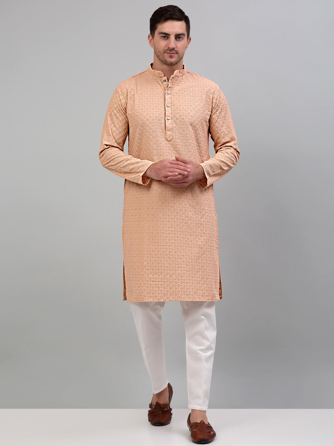 Men's Peach Chikankari Embroidered And Sequence Kurta